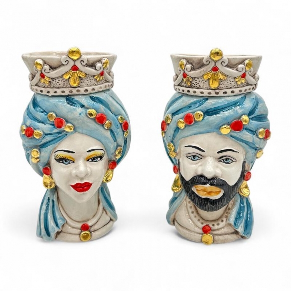 Teste di Moro in Ceramica – Coppia Azzurro Madreperlato con Dettagli in Oro H 24 cm x L 15 cm