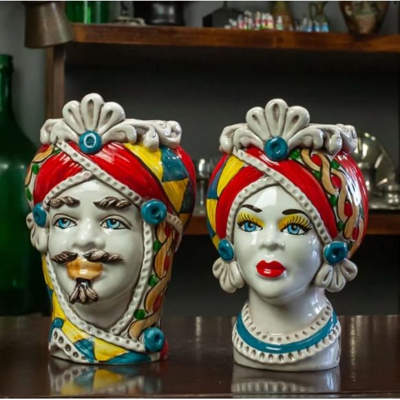 TESTE DI MORO IN CERAMICA SICILIANA DECORO CARRETTO L. 13 X H. 20 cm