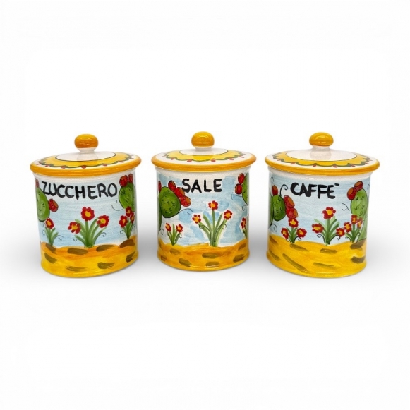 Tris barattoli cucina in ceramica siciliana decorati Fichi d’India