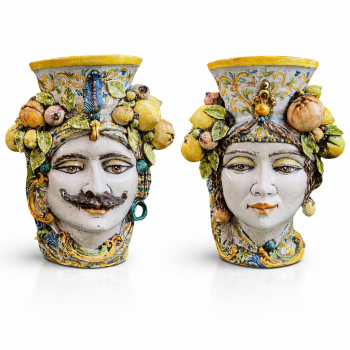 Teste di Moro Siciliane Donna-Uomo Gigante in Ceramica Caltagirone Limoni cm 85