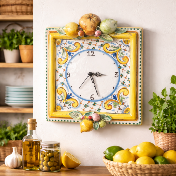 Square Ceramic Clock from Caltagirone, Antique Yellow, Fruit Decoration