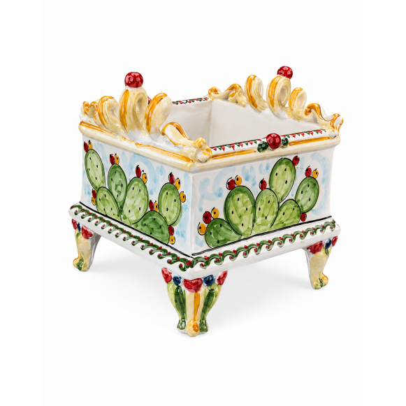 Fioriera Siciliana Decorata Fichi d'India su Piedini – Ceramica Artigianale H. 24 x L. 24 cm