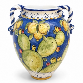 Giara Grande in Ceramica di Caltagirone Blu Limoni e Fichi d’India H 72