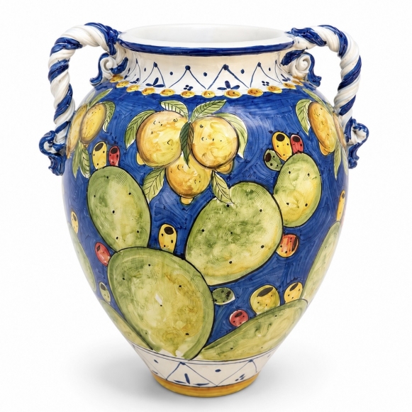 Giara Grande in Ceramica di Caltagirone Blu Limoni e Fichi d’India H 72
