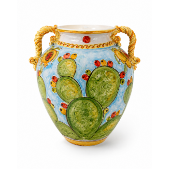 Giara in Ceramica di Caltagirone con Manici Decoro Fichi d'India H.60 cm