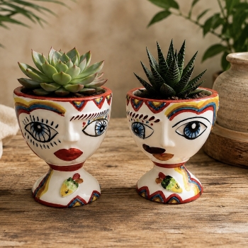 Coppia Teste ceramica Siciliana Caltagirone Verus Serie Naif cm.13