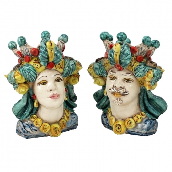 Head Vases Lady-Man Pair of Moorish Ceramic, H 25 cm.